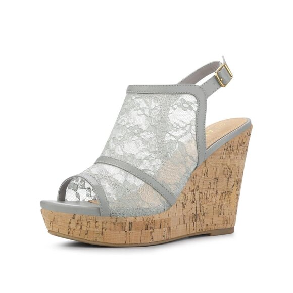 🍒 2/$20 🍒 Gray Lace Open Toe Platform Cork Wedge sz  7 - Picture 1 of 4